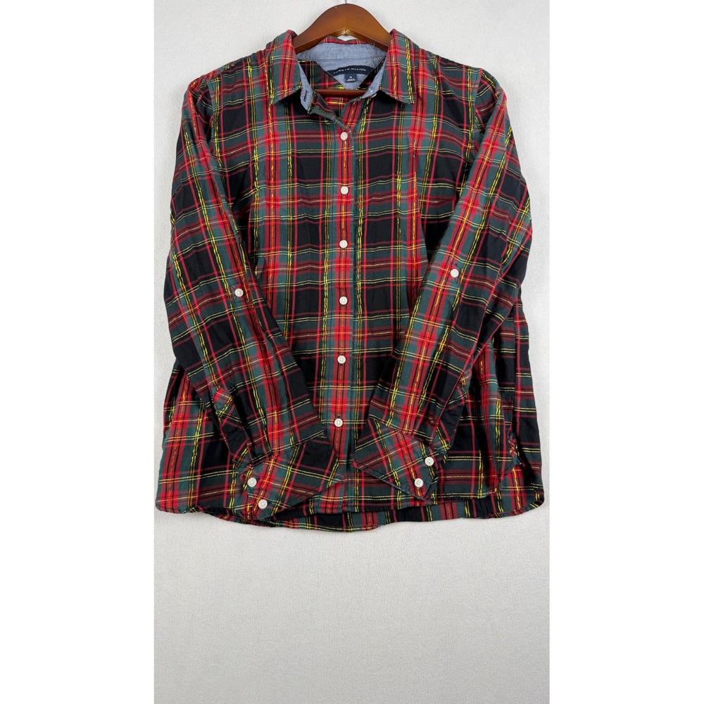 Tommy Hilfiger Plaid Metallic Button Down Shirt Red Green Gold M Long Sleeve